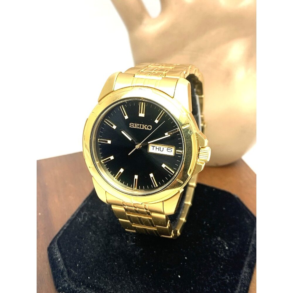 Seiko Men's Watch SUR358 Quartz Gold Stainless Steel Black Dial Day Date 39mm